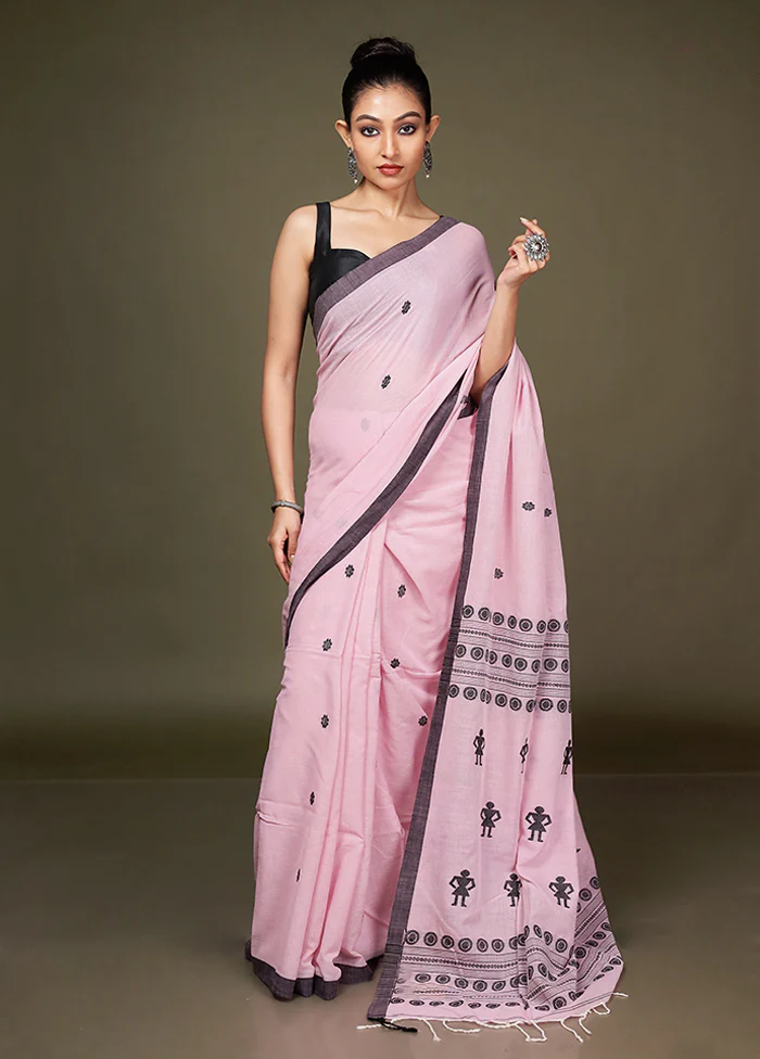 Pink Pure Cotton Saree With Blouse Piece - Image 2