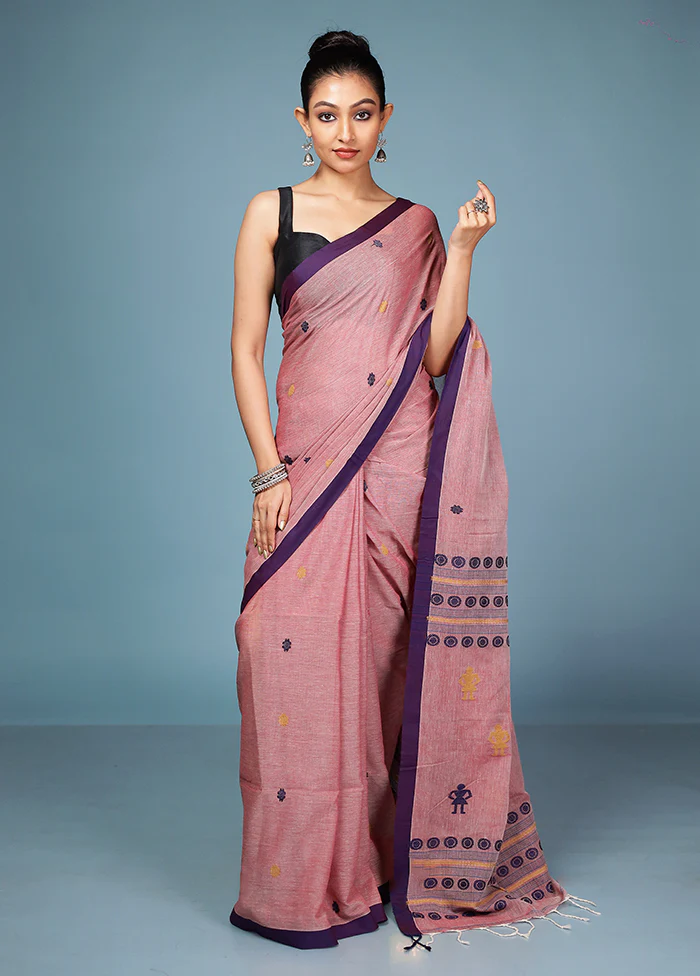 Pink Pure Cotton Saree With Blouse Piece - Image 2