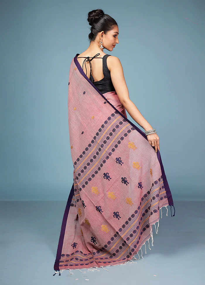 Pink Pure Cotton Saree With Blouse Piece - Image 3