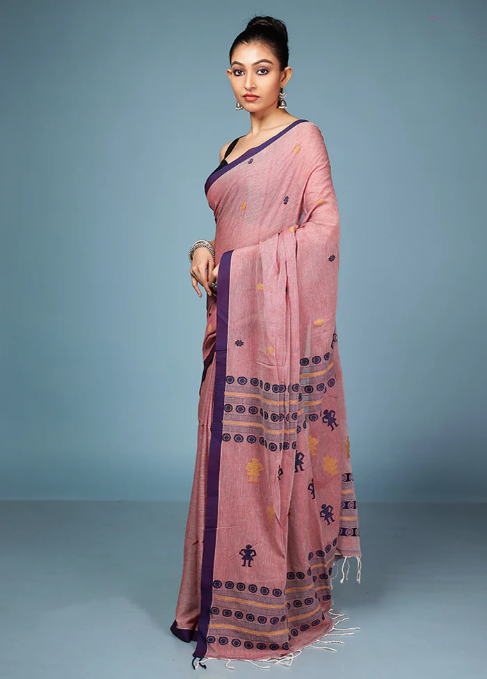 Pink Pure Cotton Saree With Blouse Piece - Image 4