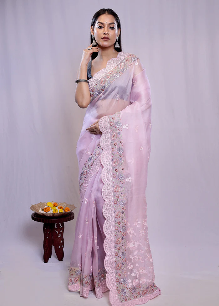 Pink Pure Organza Saree With Blouse Piece - Image 3