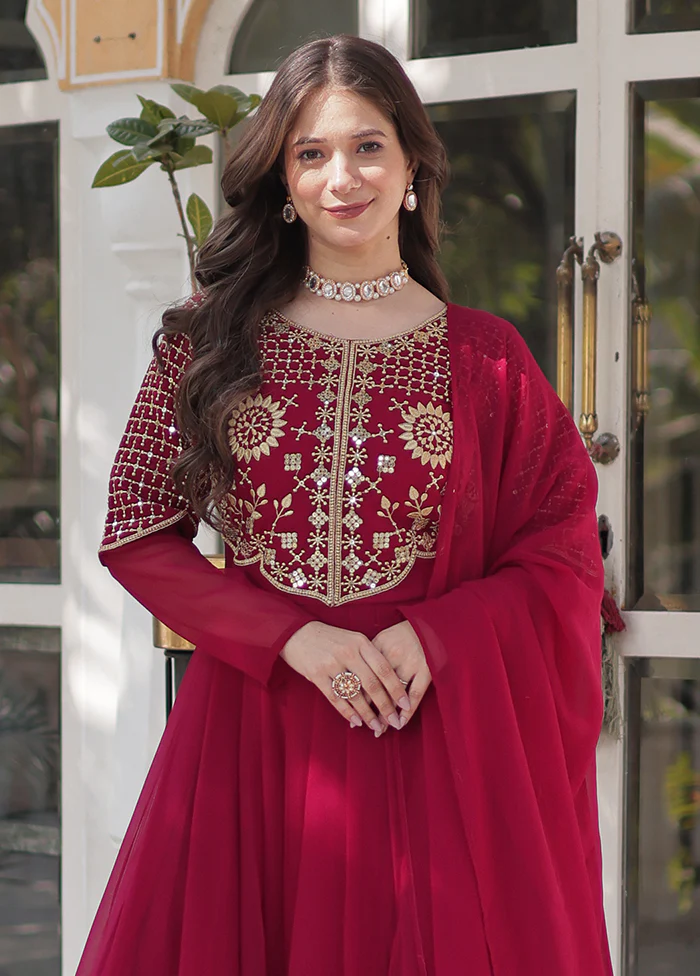 Pink Readymade Georgette Dupatta Long Gown - Image 2