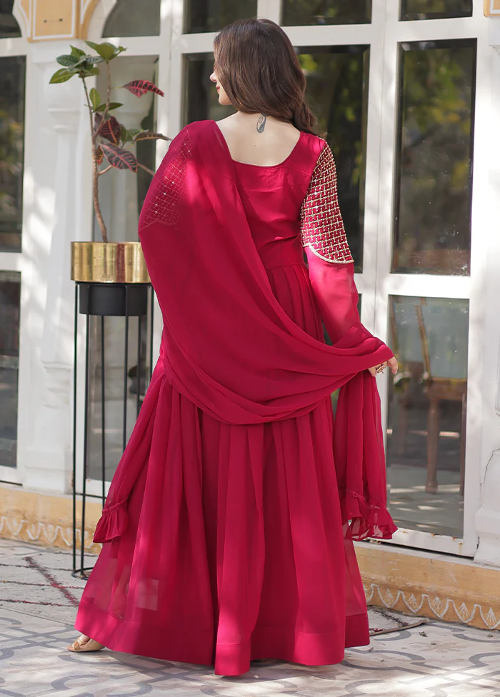 Pink Readymade Georgette Dupatta Long Gown - Image 3