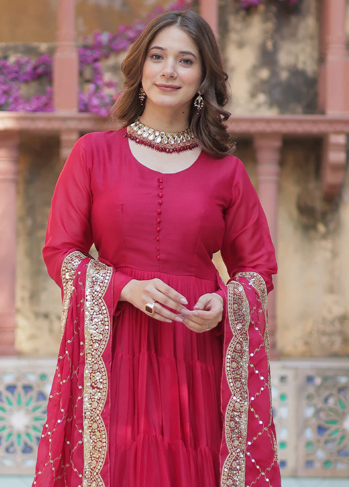Pink Readymade Georgette Dupatta Indian Dress - Image 2