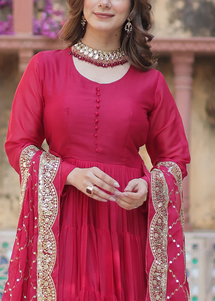 Pink Readymade Georgette Dupatta Indian Dress - Image 3