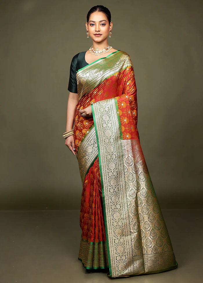 Orange Tanchoi Silk Saree With Blouse Piece - Image 2