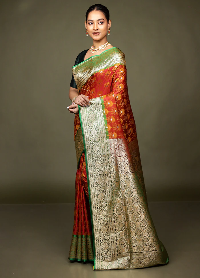 Orange Tanchoi Silk Saree With Blouse Piece - Image 4