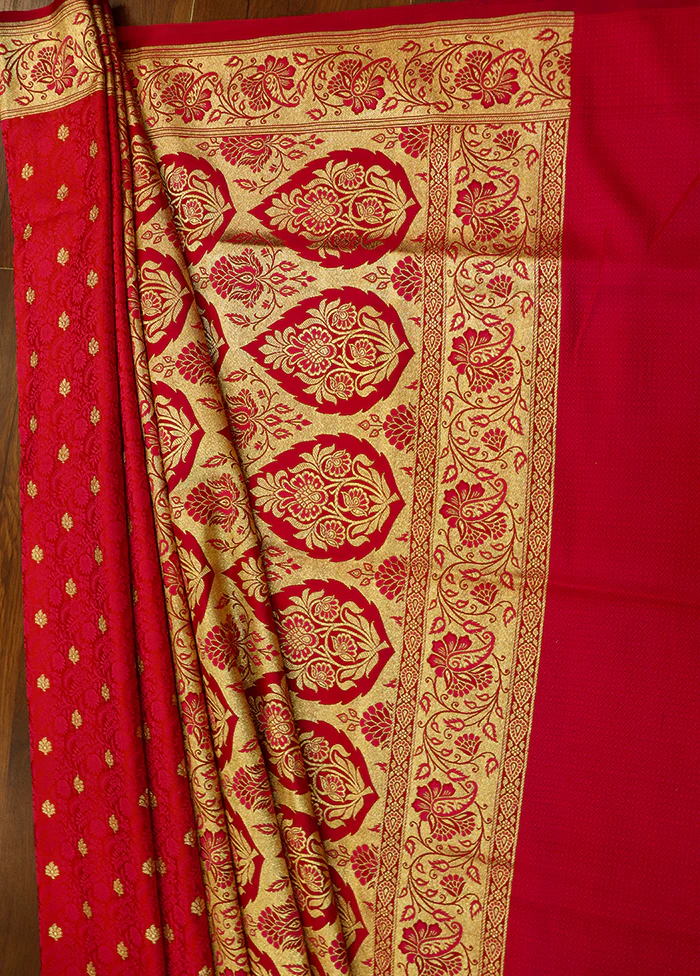 Red Tanchoi Silk Saree With Blouse Piece - Image 3
