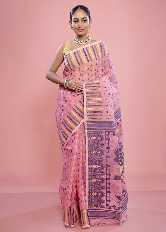 Pink Tant Jamdani  Saree Without Blouse Piece - Image 2