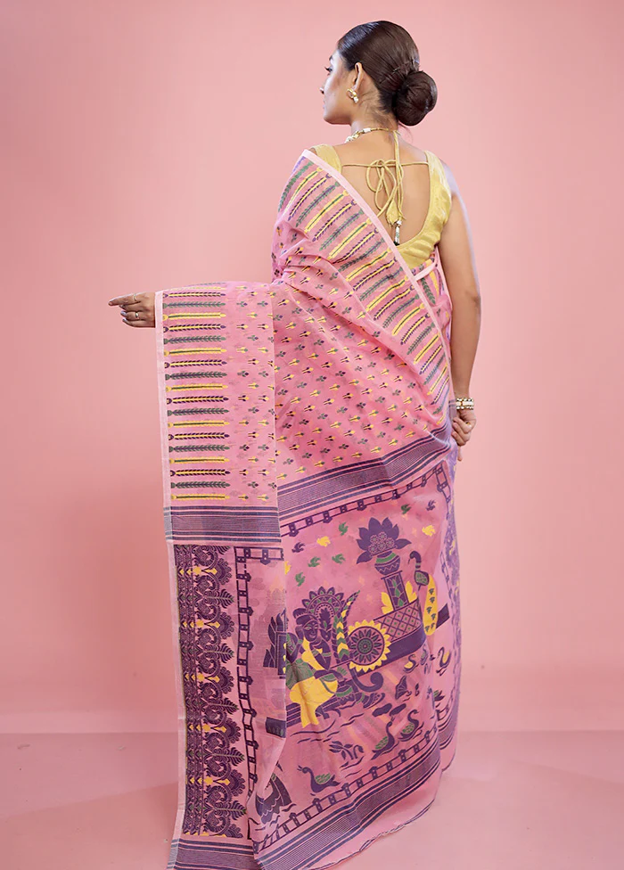 Pink Tant Jamdani  Saree Without Blouse Piece - Image 4