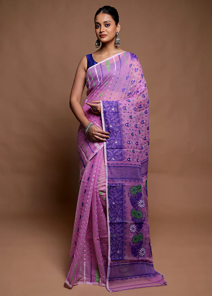 Purple Tant Jamdani Saree Without Blouse Piece