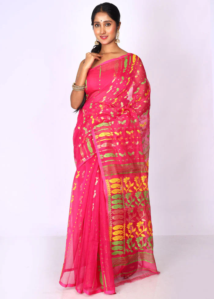 Pink Tant Jamdani Saree Without Blouse Piece