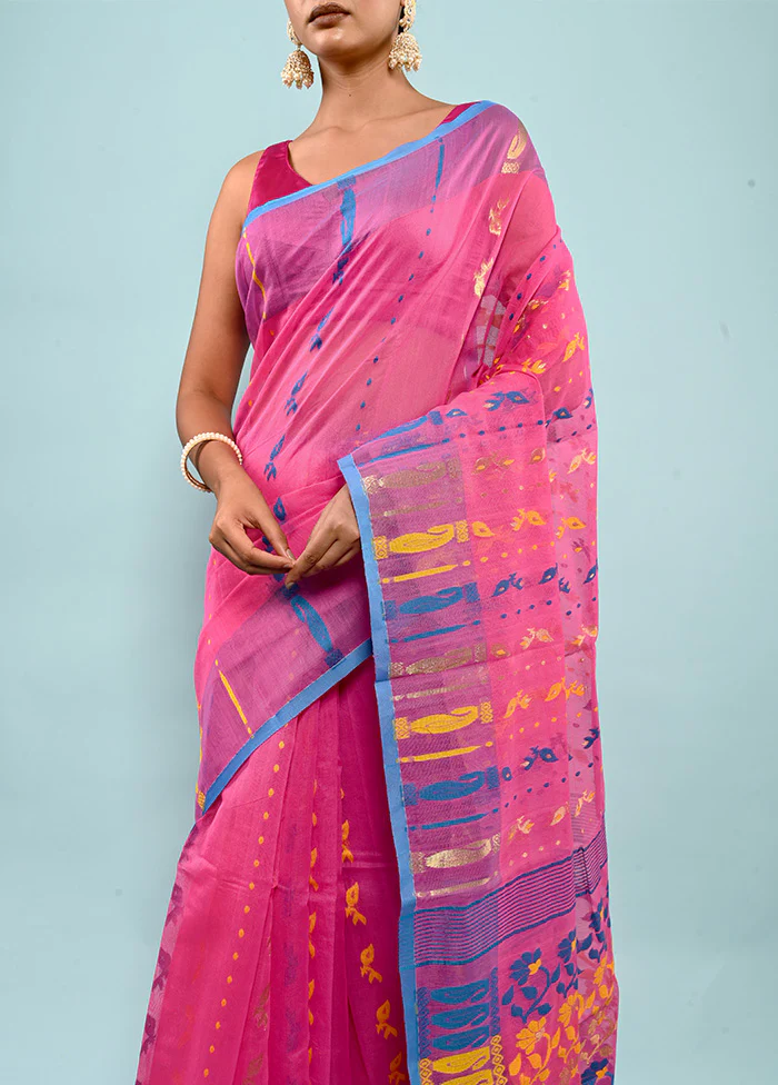 Pink Tant Jamdani Saree Without Blouse Piece