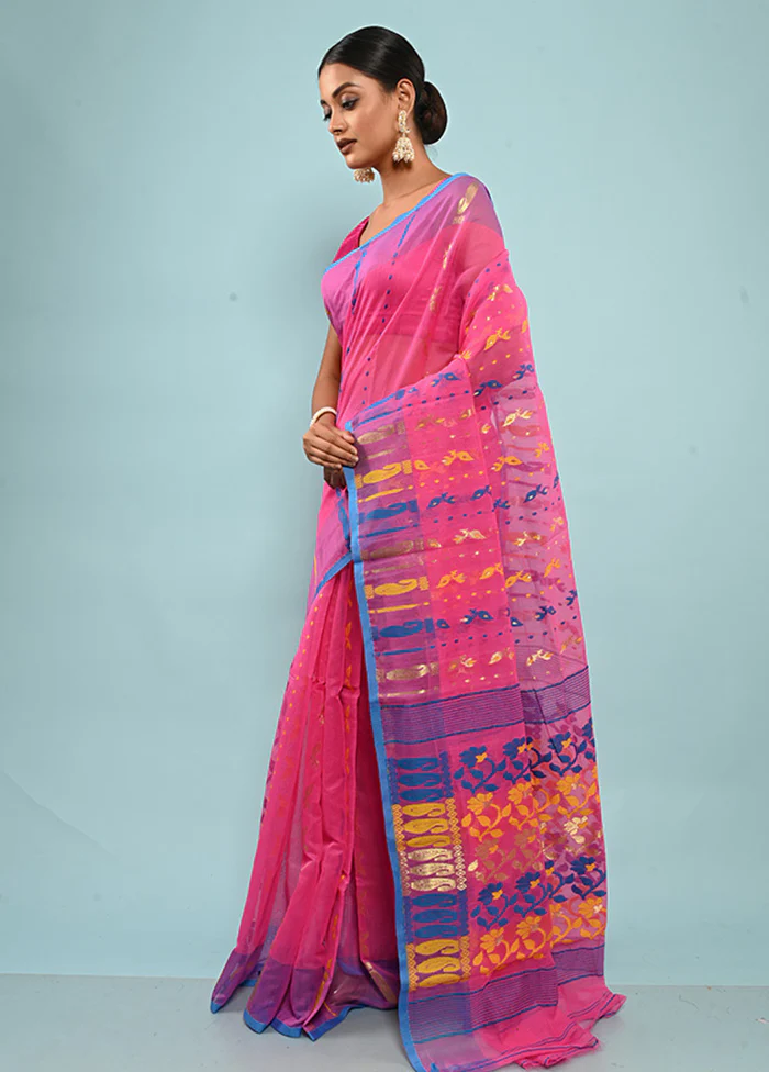 Pink Tant Jamdani Saree Without Blouse Piece - Image 5