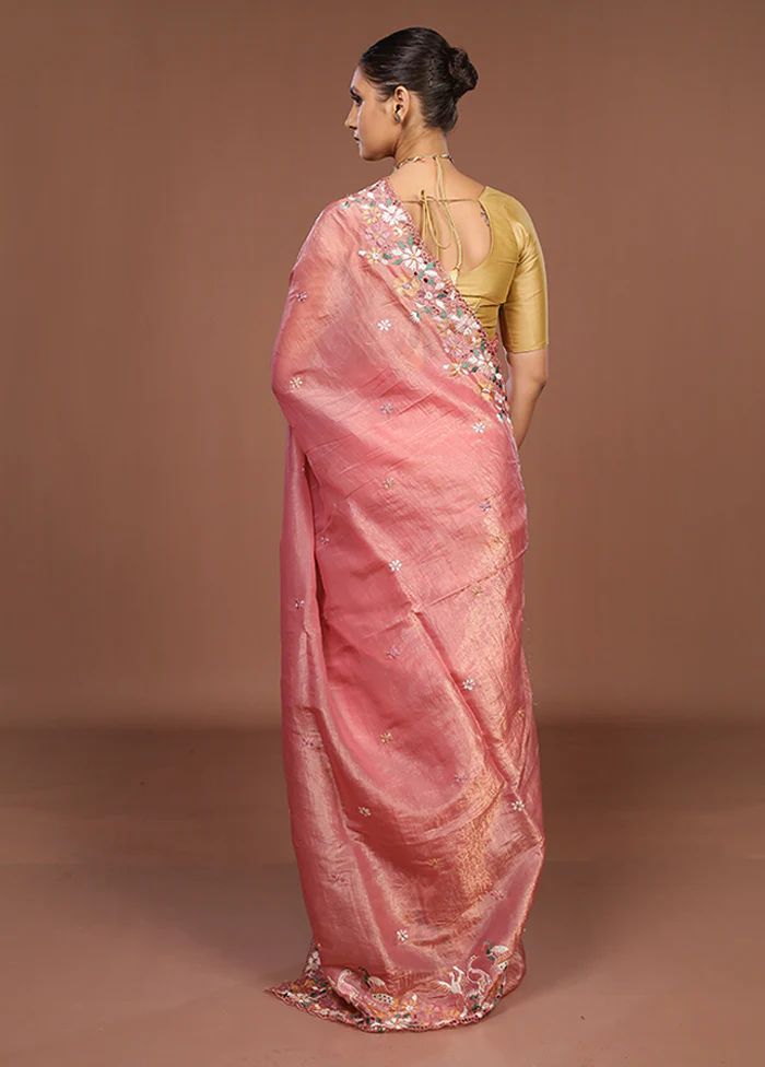 Pink Tissue Silk Saree With Blouse Piece - Image 3