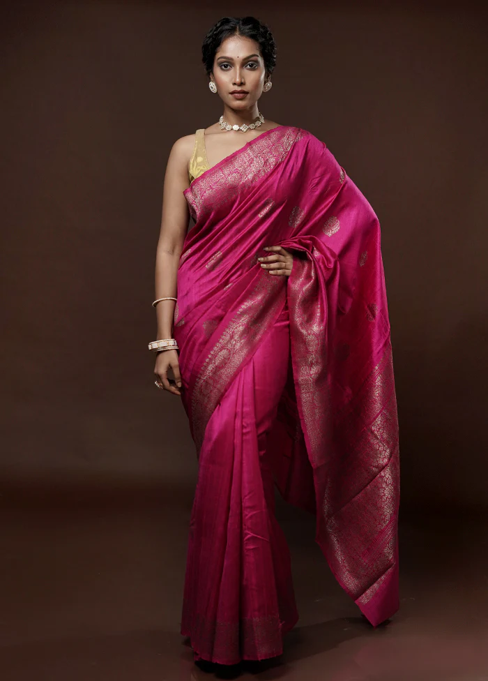 Pink Tussar Pure Silk Saree With Blouse Piece - Image 3