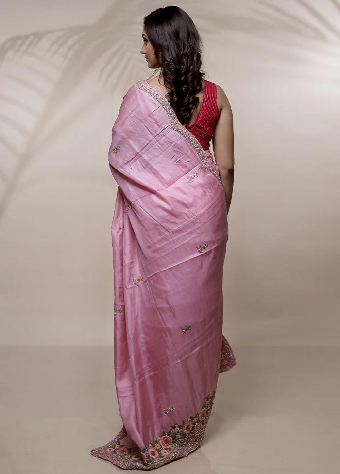 Pink Tussar Pure Silk Saree With Blouse Piece - Image 4