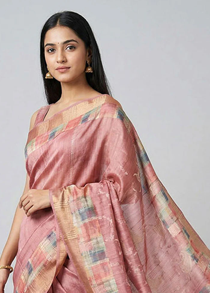 Pink Tussar Silk Saree With Blouse Piece - Image 2