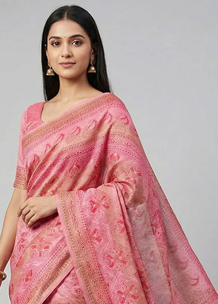 Pink Tussar Silk Saree With Blouse Piece - Image 2