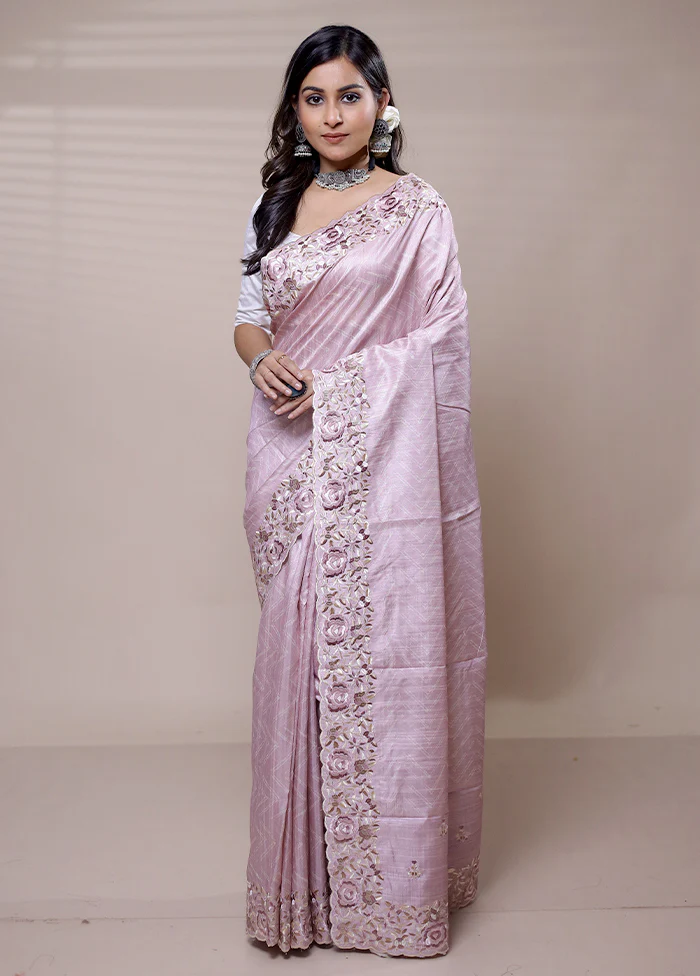 Pink Tussar Silk Saree With Blouse Piece - Image 2