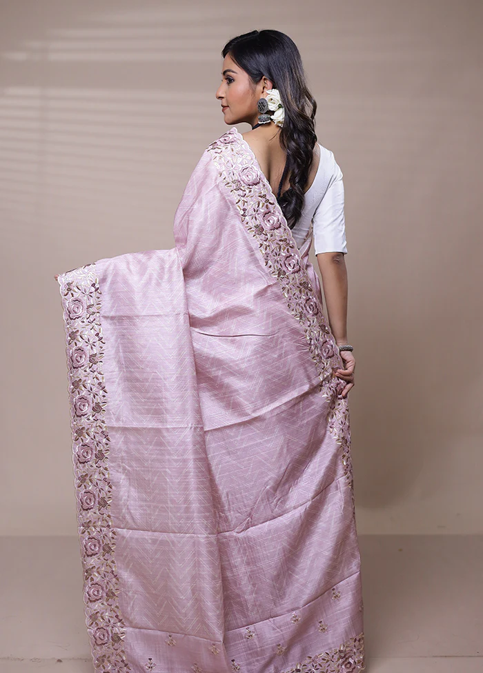 Pink Tussar Silk Saree With Blouse Piece - Image 3