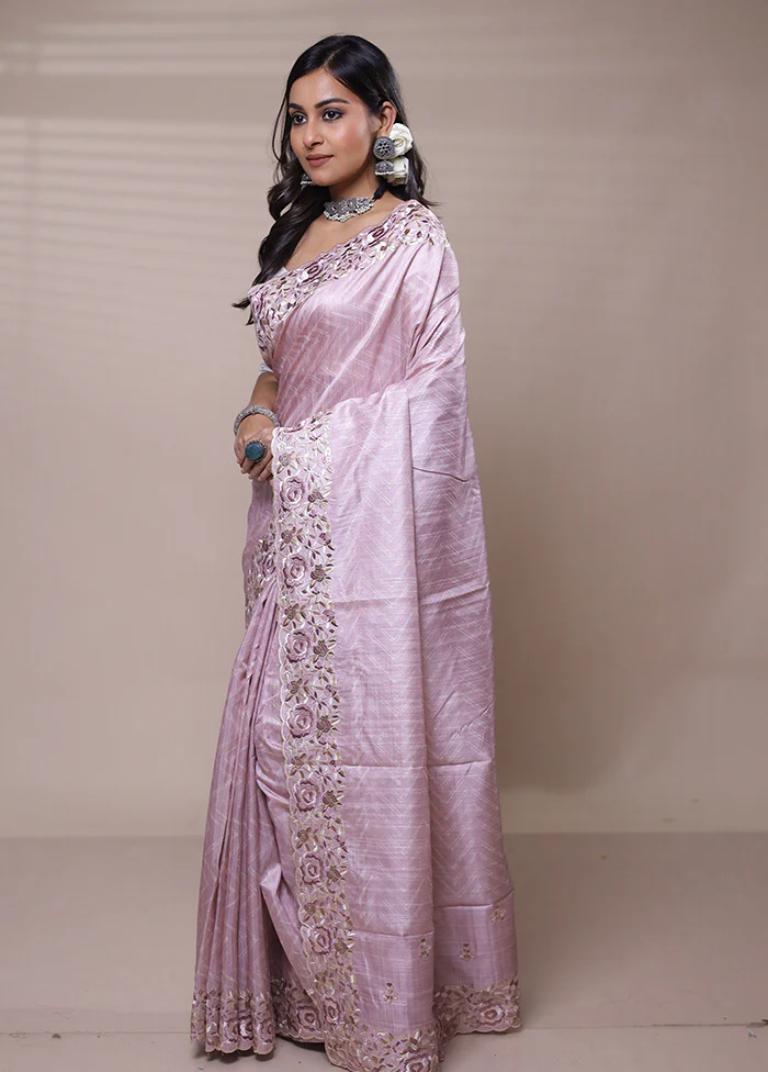 Pink Tussar Silk Saree With Blouse Piece - Image 4