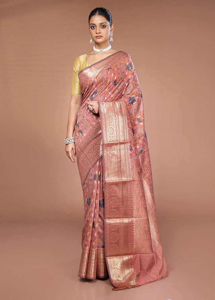 Pink Tussar Silk Saree With Blouse Piece - Image 2