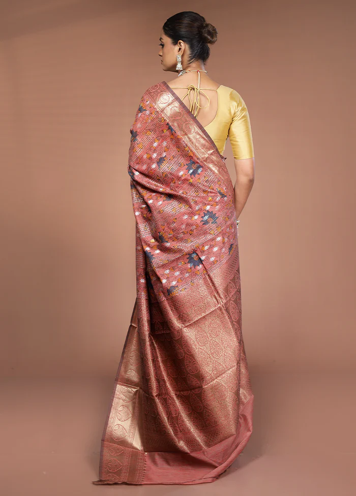 Pink Tussar Silk Saree With Blouse Piece - Image 3