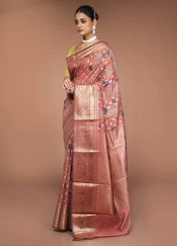 Pink Tussar Silk Saree With Blouse Piece - Image 4