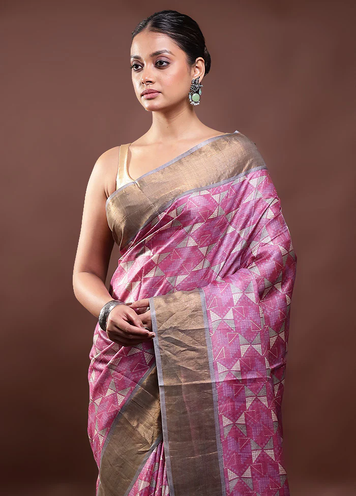 Pink Tussar Silk Saree With Blouse Piece - Image 2