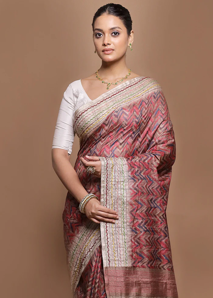 Pink Tussar Silk Saree With Blouse Piece - Image 2