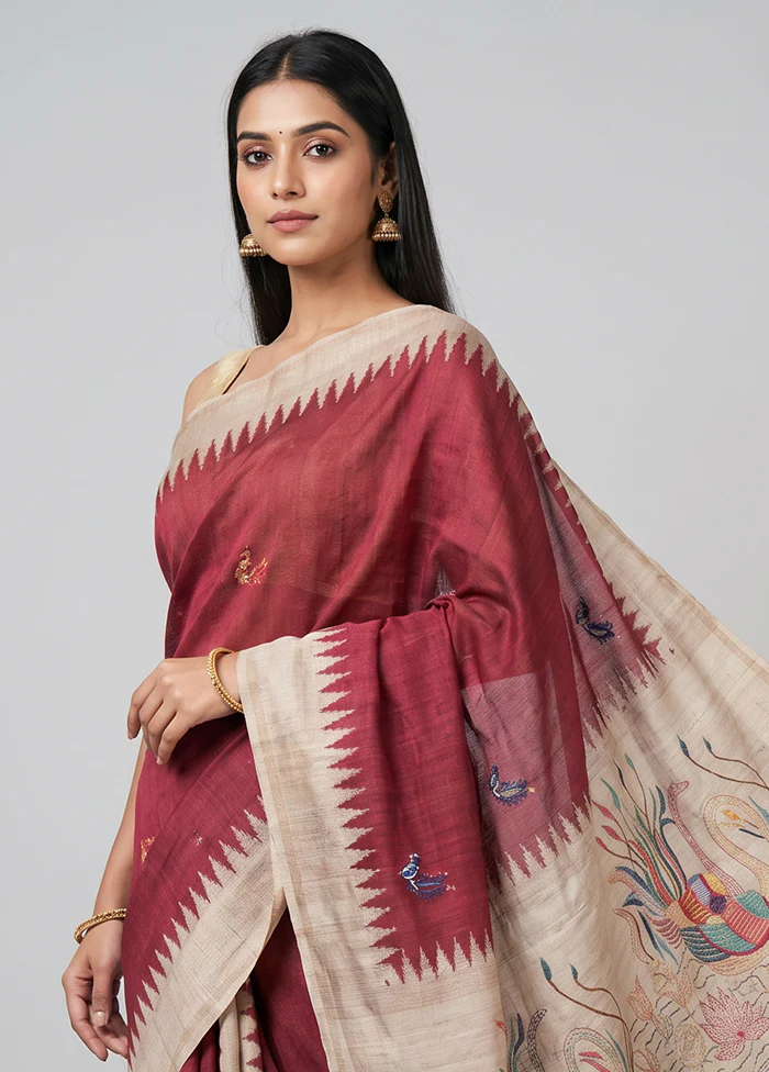 Pink Tussar Silk Saree With Blouse Piece - Image 2