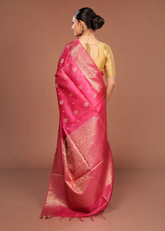Pink Tussar Silk Saree With Blouse Piece - Image 3