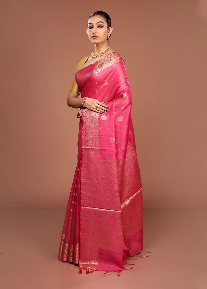 Pink Tussar Silk Saree With Blouse Piece - Image 4