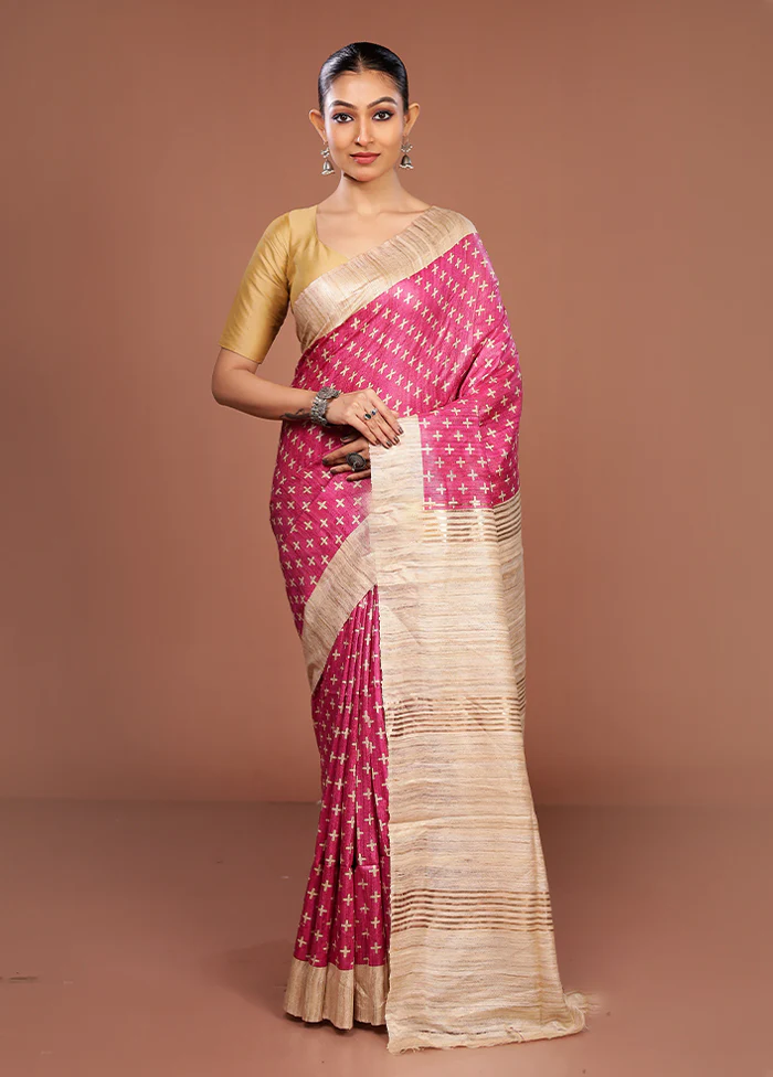 Pink Tussar Silk Saree With Blouse Piece - Image 2