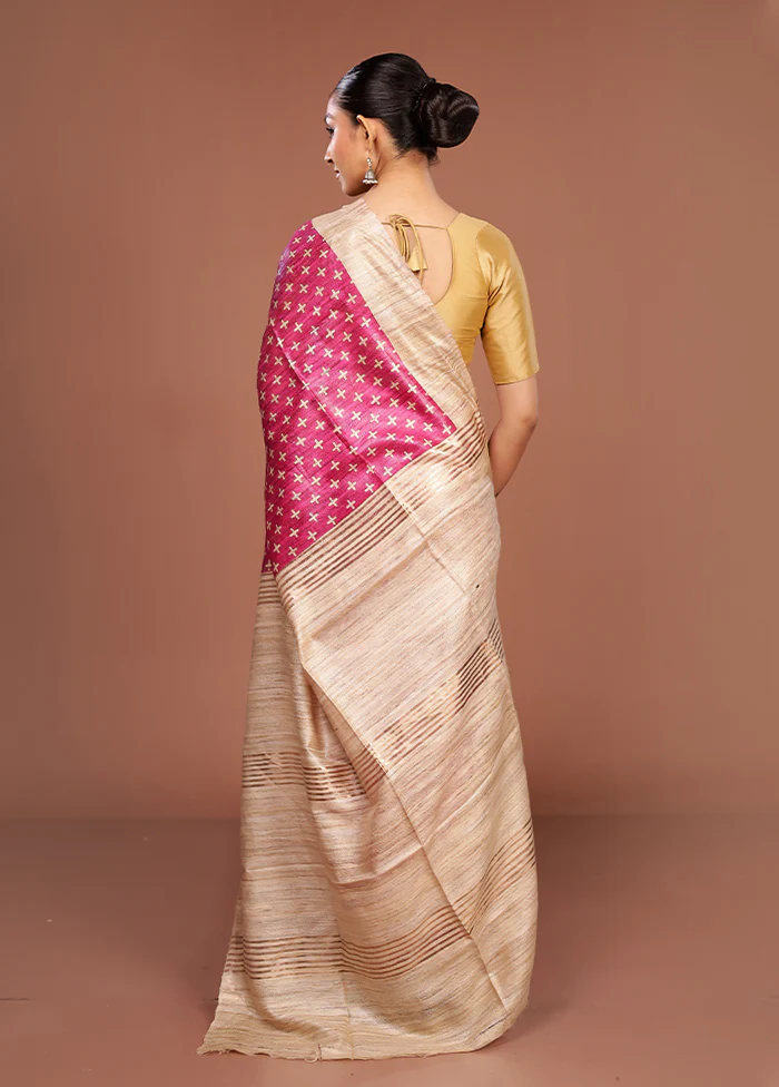 Pink Tussar Silk Saree With Blouse Piece - Image 3