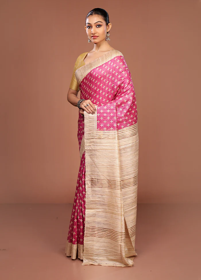 Pink Tussar Silk Saree With Blouse Piece - Image 4