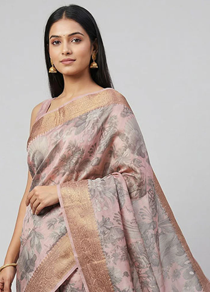 Pink Tussar Silk Saree With Blouse Piece - Image 2