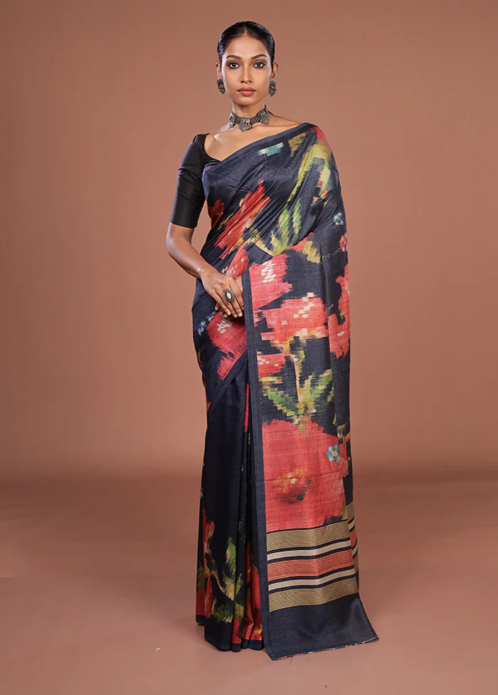 Blue Tussar Silk Saree With Blouse Piece - Image 2