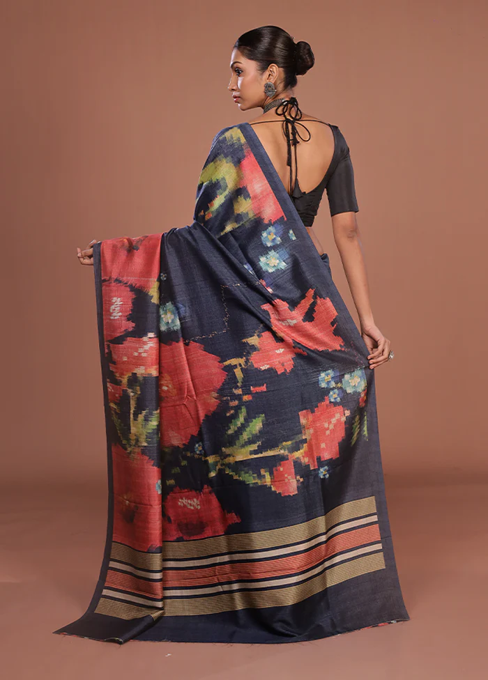 Blue Tussar Silk Saree With Blouse Piece - Image 3