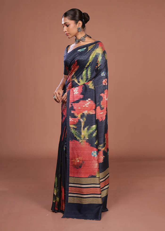 Blue Tussar Silk Saree With Blouse Piece - Image 4