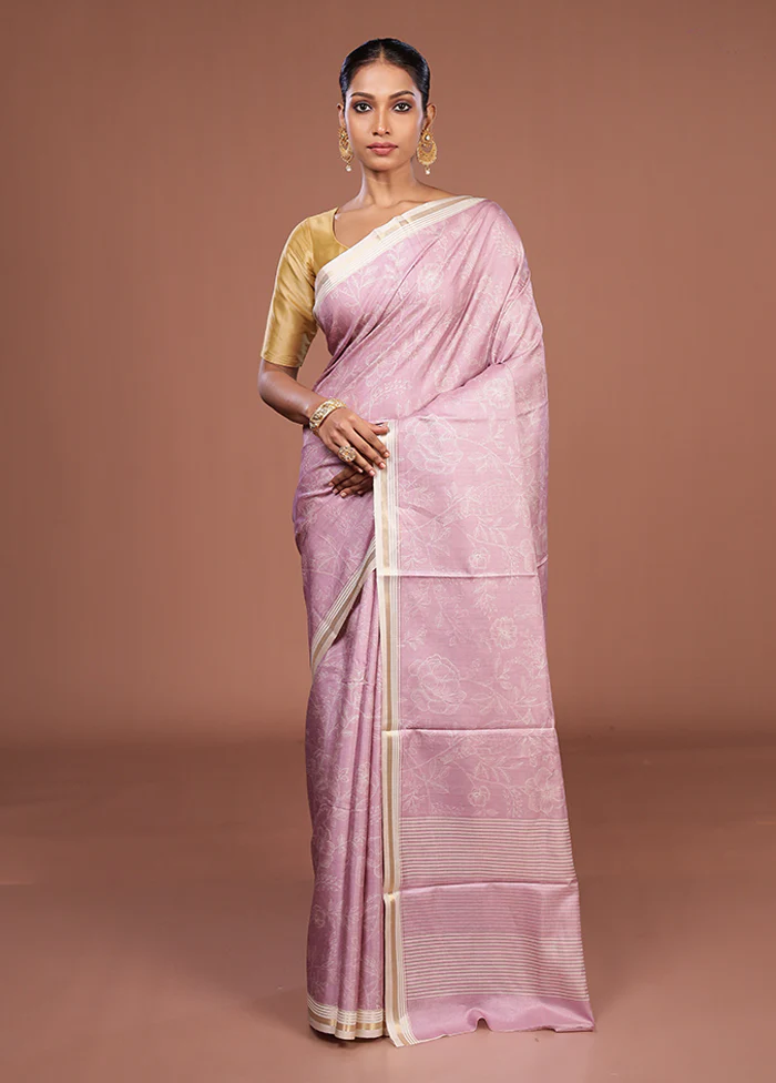 Pink Tussar Silk Saree With Blouse Piece - Image 2