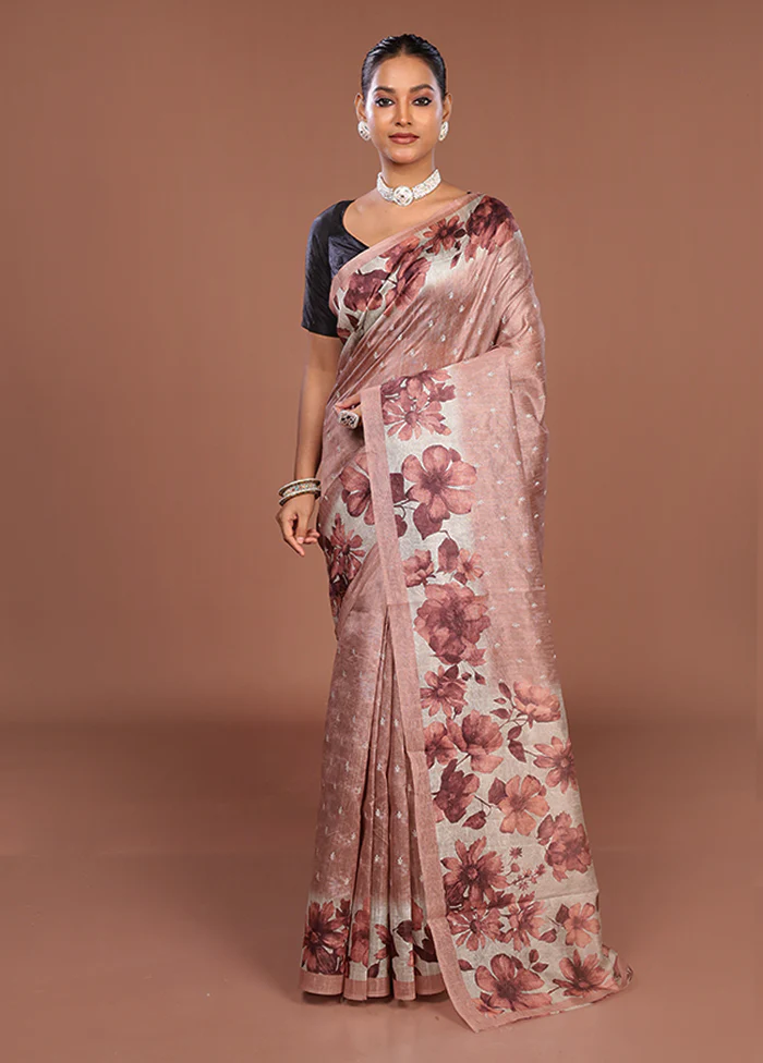 Pink Tussar Silk Saree With Blouse Piece - Image 2