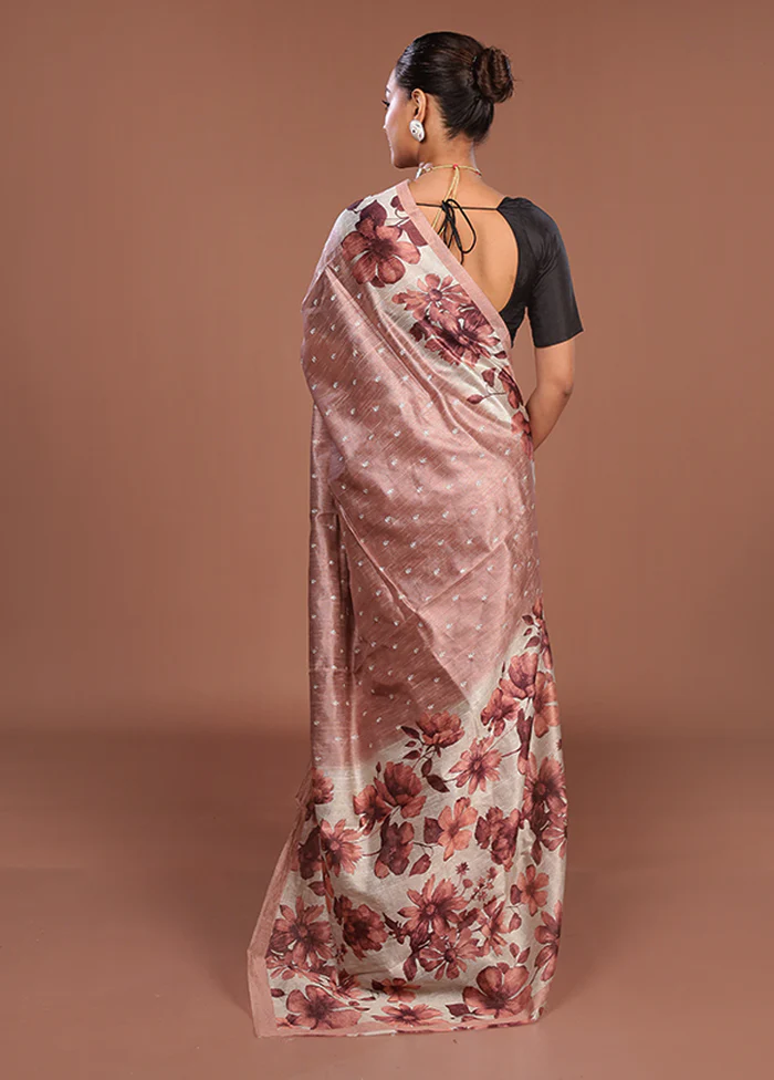 Pink Tussar Silk Saree With Blouse Piece - Image 3