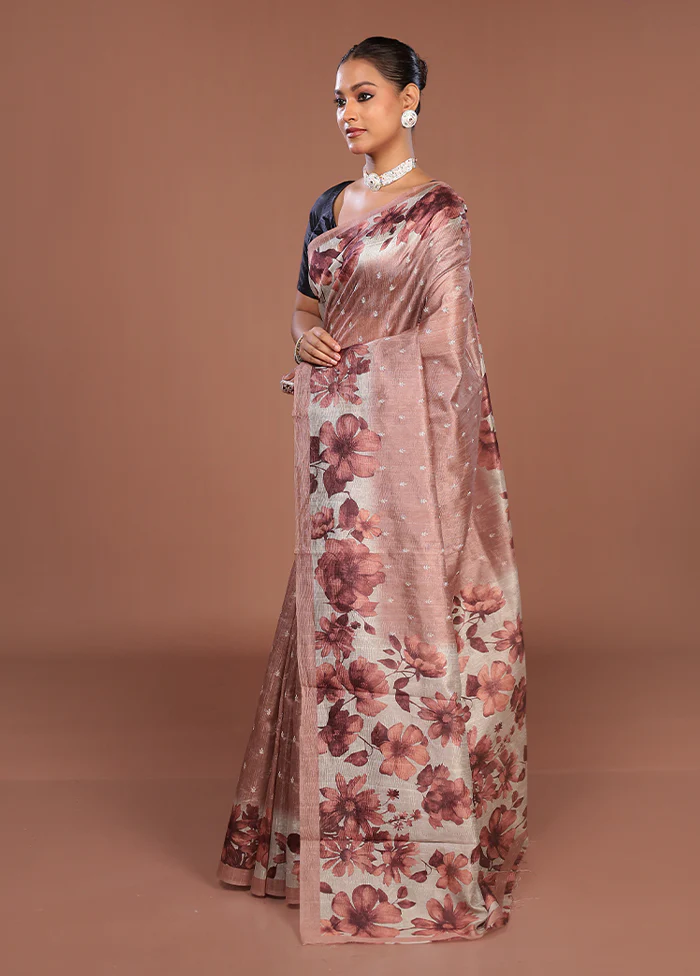 Pink Tussar Silk Saree With Blouse Piece - Image 4