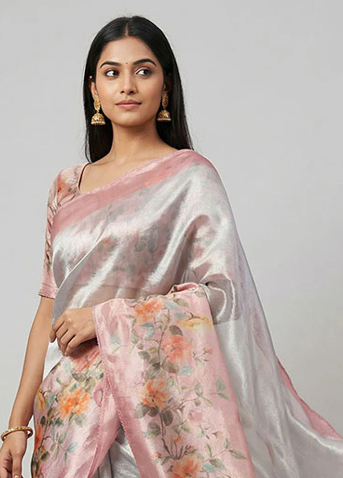 Pink Tussar Silk Saree With Blouse Piece - Image 2