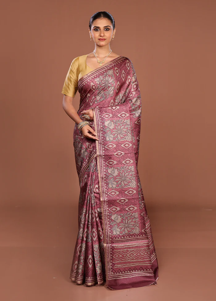 Pink Tussar Silk Saree With Blouse Piece - Image 2