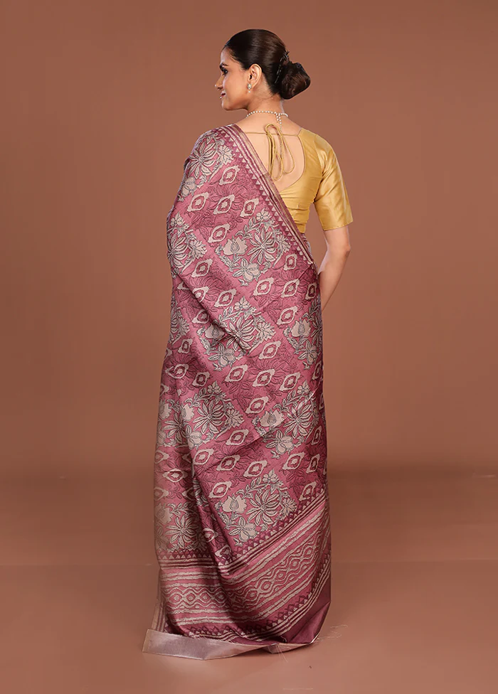 Pink Tussar Silk Saree With Blouse Piece - Image 3