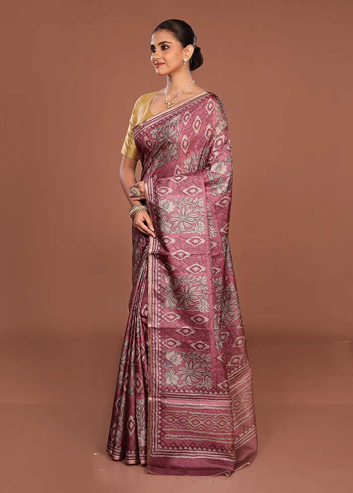 Pink Tussar Silk Saree With Blouse Piece - Image 4