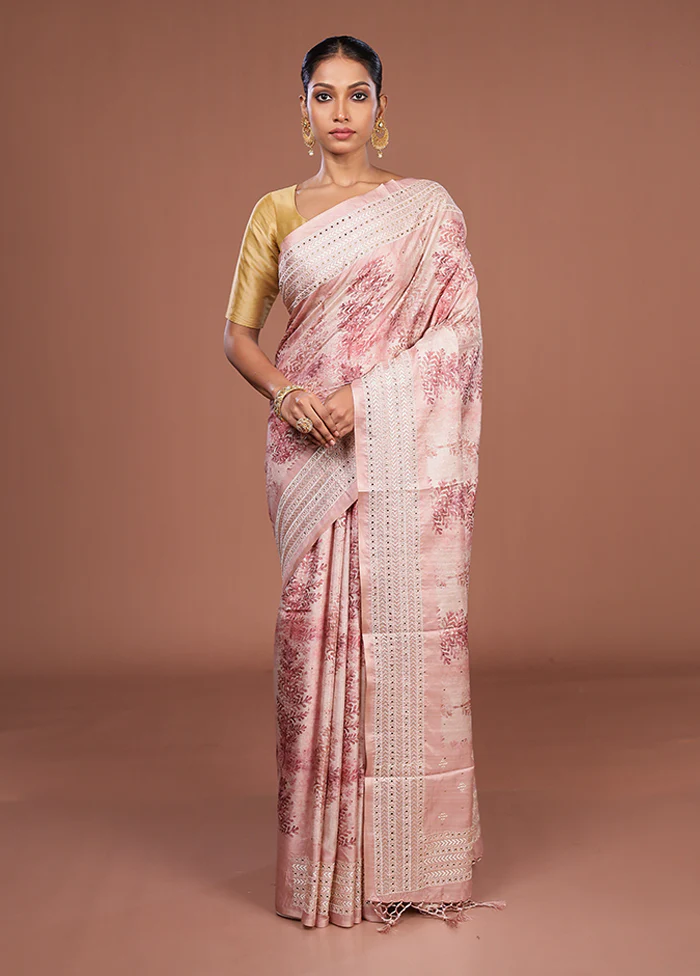 Pink Tussar Silk Saree With Blouse Piece - Image 2
